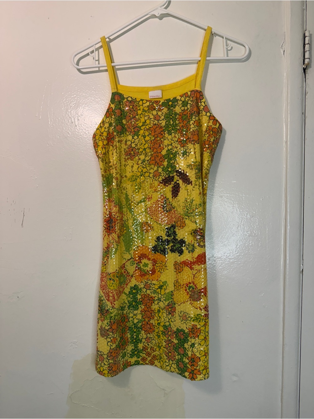 Xhilaration Y2K Yellow Floral Sequin Mini Dress Retro Party Camisole